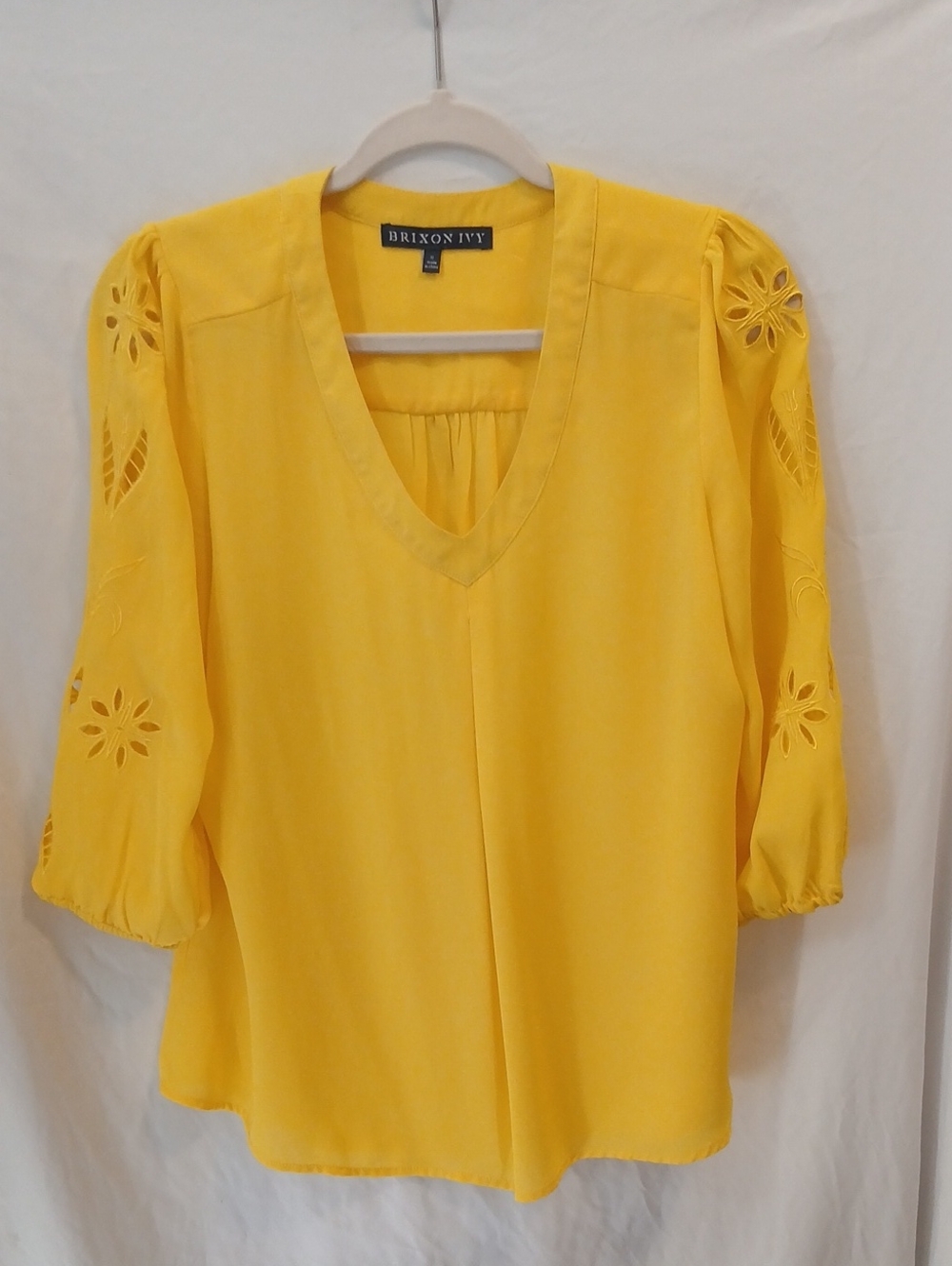 Brixon Ivy Bright Yellow V-Neck Blouse with Cutout Embroidered Sleeves